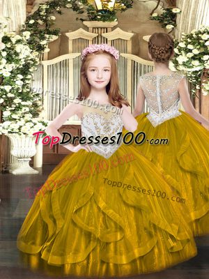 Brown Ball Gowns Tulle Scoop Sleeveless Beading and Ruffles Floor Length Zipper Little Girl Pageant Dress