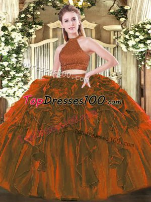 Beading and Ruffles Sweet 16 Dresses Brown Backless Sleeveless Floor Length