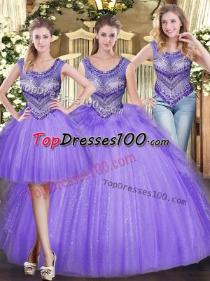 Custom Designed Lavender Ball Gowns Scoop Sleeveless Tulle Floor Length Lace Up Beading and Ruffles Vestidos de Quinceanera