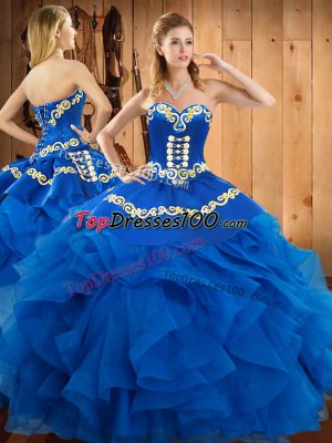 Unique Sweetheart Sleeveless Vestidos de Quinceanera Floor Length Embroidery and Ruffles Blue Satin and Organza