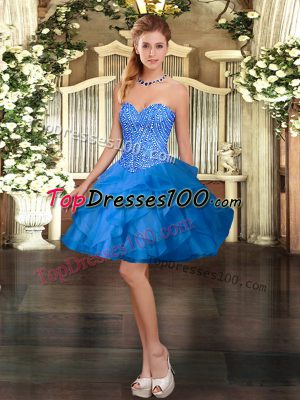 Adorable Sweetheart Sleeveless Evening Dress Mini Length Beading and Ruffles Blue Organza