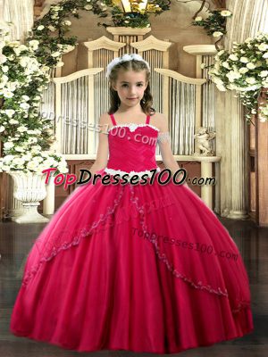 Lovely Sleeveless Appliques Lace Up Party Dress for Toddlers with Coral Red Sweep Train