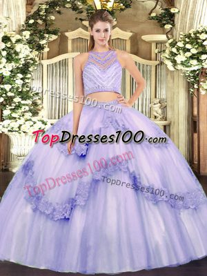 Modern Lavender Two Pieces Scoop Sleeveless Tulle Floor Length Zipper Beading and Appliques Quinceanera Gowns