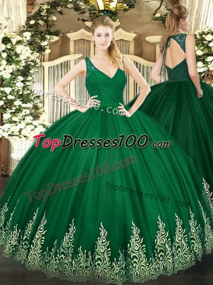 Most Popular Floor Length Dark Green Sweet 16 Dress V-neck Sleeveless Backless