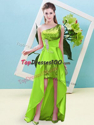 Fashion Yellow Green Lace Up One Shoulder Beading and Sequins Prom Evening Gown Elastic Woven Satin and Sequined Sleeveless