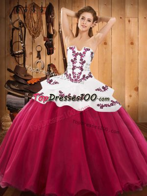 Sumptuous Hot Pink Lace Up Strapless Embroidery Quinceanera Dress Satin and Organza Sleeveless