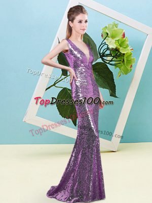 Edgy Lavender Mermaid V-neck Sleeveless Sequined Floor Length Zipper Sequins Dress for Prom