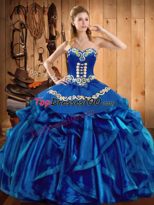 Discount Blue Lace Up Sweetheart Embroidery and Ruffles Quinceanera Gown Organza Sleeveless