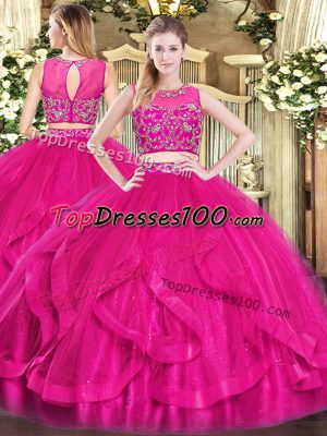 Hot Selling Hot Pink Two Pieces Beading and Ruffles Quinceanera Dress Zipper Tulle Sleeveless Floor Length