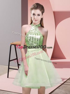 Yellow Green A-line Chiffon Halter Top Sleeveless Sequins Mini Length Backless Bridesmaids Dress