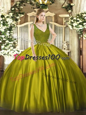 Free and Easy V-neck Sleeveless Sweet 16 Quinceanera Dress Floor Length Beading Olive Green Taffeta
