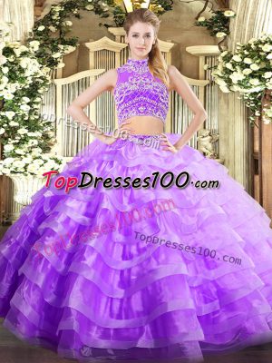 Lavender High-neck Neckline Beading and Ruffled Layers Sweet 16 Dresses Sleeveless Backless