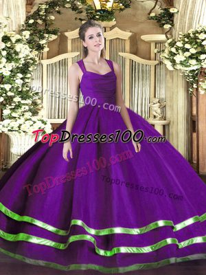 Trendy Purple Ball Gowns Ruffled Layers and Ruching Ball Gown Prom Dress Zipper Organza Sleeveless Floor Length