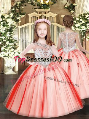 Coral Red Ball Gowns Scoop Sleeveless Tulle Floor Length Zipper Beading and Appliques Little Girls Pageant Gowns