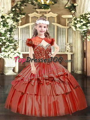 Floor Length Lace Up Little Girl Pageant Dress Coral Red for Party and Quinceanera with Beading and Ruffled Layers