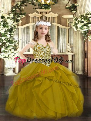 Fantastic Brown Tulle Lace Up Straps Sleeveless Floor Length Party Dress Wholesale Beading and Ruffles