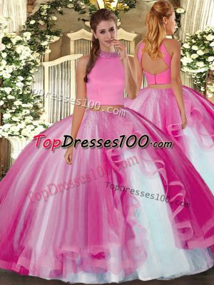 Free and Easy Floor Length Hot Pink 15th Birthday Dress Halter Top Sleeveless Backless