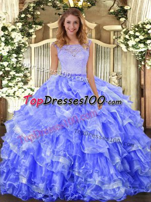 Blue Clasp Handle Quince Ball Gowns Lace and Ruffled Layers Sleeveless Floor Length