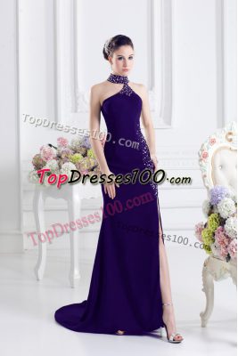 Purple Column/Sheath Beading Prom Evening Gown Lace Up Elastic Woven Satin Sleeveless
