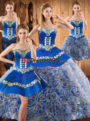 Multi-color Ball Gowns Embroidery Sweet 16 Dresses Lace Up Satin and Fabric With Rolling Flowers Sleeveless With Train