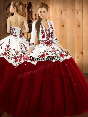 Fashion Embroidery Quinceanera Gowns Wine Red Lace Up Sleeveless Floor Length