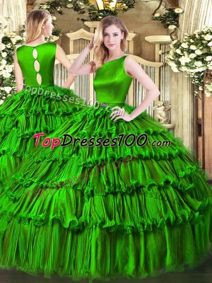 Ideal Sleeveless Floor Length Ruffled Layers Clasp Handle Sweet 16 Dresses with Green