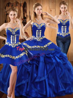 Unique Royal Blue Sleeveless Floor Length Embroidery and Ruffles Lace Up Sweet 16 Quinceanera Dress