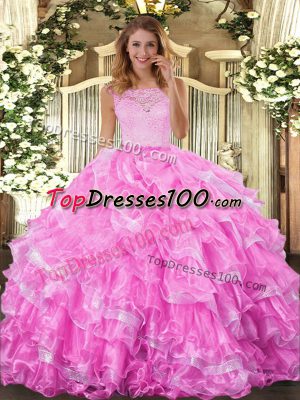 Gorgeous Rose Pink Organza Clasp Handle 15 Quinceanera Dress Sleeveless Floor Length Lace and Ruffled Layers