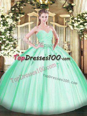 High Class Sleeveless Tulle Floor Length Lace Up Sweet 16 Dresses in Apple Green with Beading and Appliques