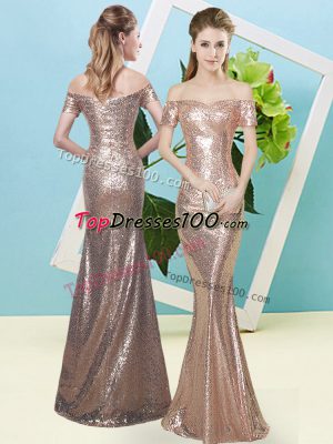 Spectacular Gold Off The Shoulder Neckline Sequins Prom Dresses Short Sleeves Zipper