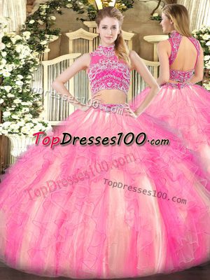 Tulle High-neck Sleeveless Backless Beading and Ruffles Sweet 16 Quinceanera Dress in Watermelon Red and Rose Pink