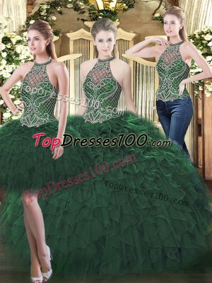 Hot Sale Floor Length Three Pieces Sleeveless Dark Green Quinceanera Gowns Lace Up