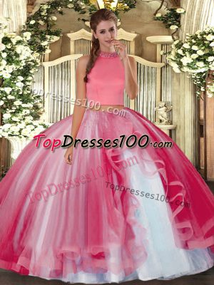 Coral Red Backless Halter Top Beading and Ruffles Vestidos de Quinceanera Tulle Sleeveless