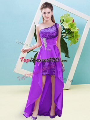 Edgy Sleeveless High Low Beading and Sequins Lace Up Dress for Prom with Eggplant Purple