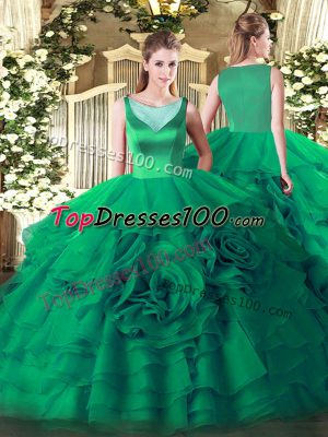 Glorious Organza Scoop Sleeveless Side Zipper Beading and Ruffled Layers Quinceanera Gown in Turquoise