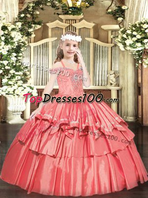 Sweet Coral Red Off The Shoulder Neckline Beading and Ruffled Layers Juniors Party Dress Sleeveless Lace Up