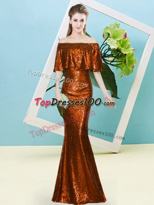 Vintage Rust Red Zipper Off The Shoulder Sequins Prom Evening Gown Sequined Half Sleeves