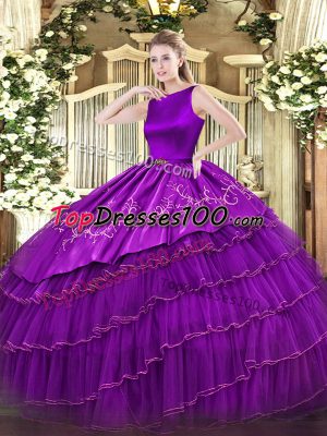 Adorable Purple Scoop Neckline Embroidery and Ruffled Layers 15 Quinceanera Dress Sleeveless Clasp Handle