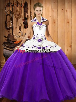 Dramatic Purple Quinceanera Gowns Military Ball and Sweet 16 and Quinceanera with Embroidery Halter Top Sleeveless Lace Up