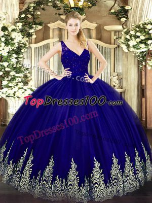 Deluxe Purple Ball Gowns Tulle V-neck Sleeveless Beading and Lace and Appliques Floor Length Backless Vestidos de Quinceanera