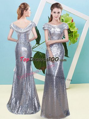 Silver Sequined Zipper Prom Evening Gown Cap Sleeves Floor Length Sequins