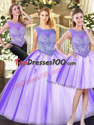 Eye-catching Lavender Ball Gowns Beading Quinceanera Dresses Zipper Tulle Sleeveless Floor Length