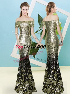Colorful Mermaid Prom Gown Gold V-neck Sequined Short Sleeves Floor Length Zipper