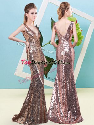 Enchanting Floor Length Gold Prom Evening Gown V-neck Sleeveless Zipper