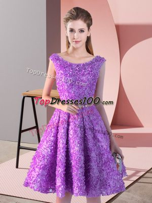 Fashion Knee Length Lace Up Dress for Prom Lavender for Prom and Party with Belt