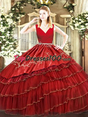 Custom Made Wine Red V-neck Zipper Embroidery and Ruffled Layers Sweet 16 Quinceanera Dress Sleeveless
