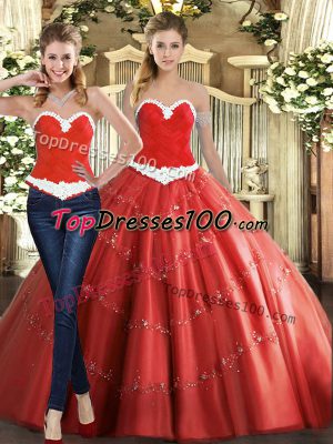Flare Coral Red Ball Gowns Tulle Sweetheart Sleeveless Beading Floor Length Lace Up Sweet 16 Dress