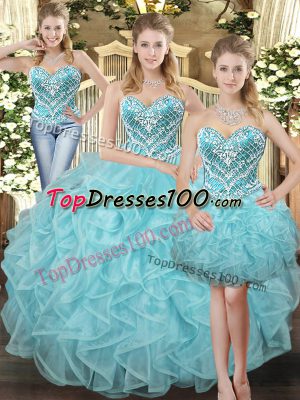Wonderful Aqua Blue Sweetheart Lace Up Beading and Ruffles Vestidos de Quinceanera Sleeveless