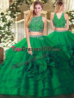 Dark Green High-neck Neckline Beading and Ruffled Layers 15th Birthday Dress Sleeveless Zipper