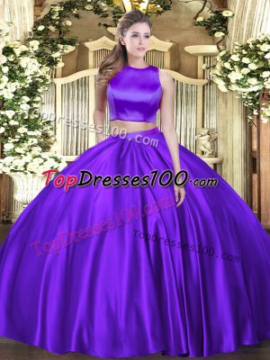 Exquisite Sleeveless Tulle Floor Length Criss Cross Sweet 16 Dresses in Eggplant Purple with Ruching